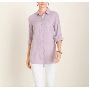 Chico’s no iron 100% linen high low button up shirt purple size 8/10
